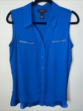 Alfani Royal Blue Sleeveless Button-Down Blouse with Rhinestone Trim